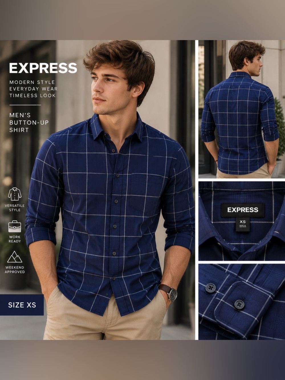 Express Men’s XS Navy Windowpane Button-Up Dress Shirt
